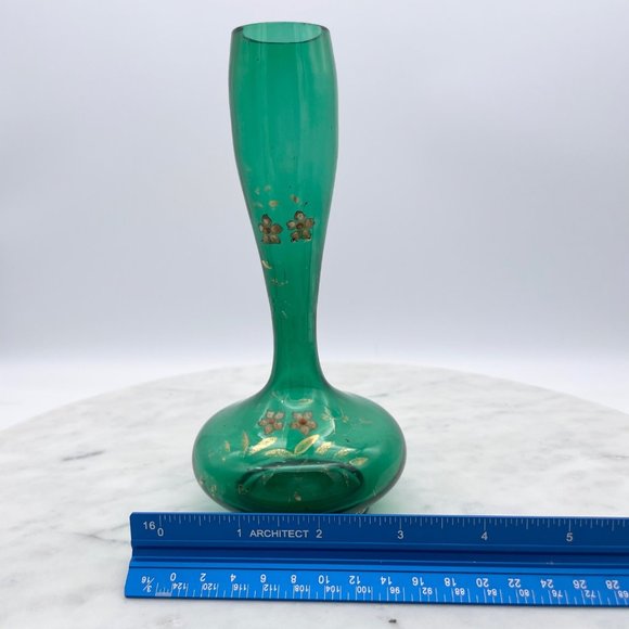 Emerald Green Bohemian Glass Bud Vase Pair Hand Blown Painted Fluted Unique Vint - Picture 3 of 14